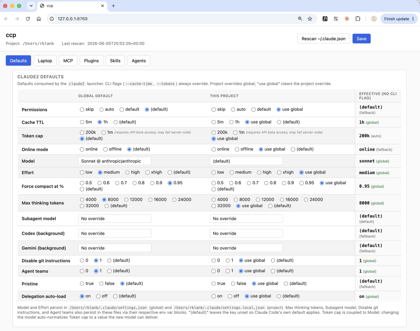 ccp's Defaults tab: a settings table with Global Default, This Project, and Effective columns for cache TTL, token cap, model, effort, force-compact threshold, max thinking tokens, and more.