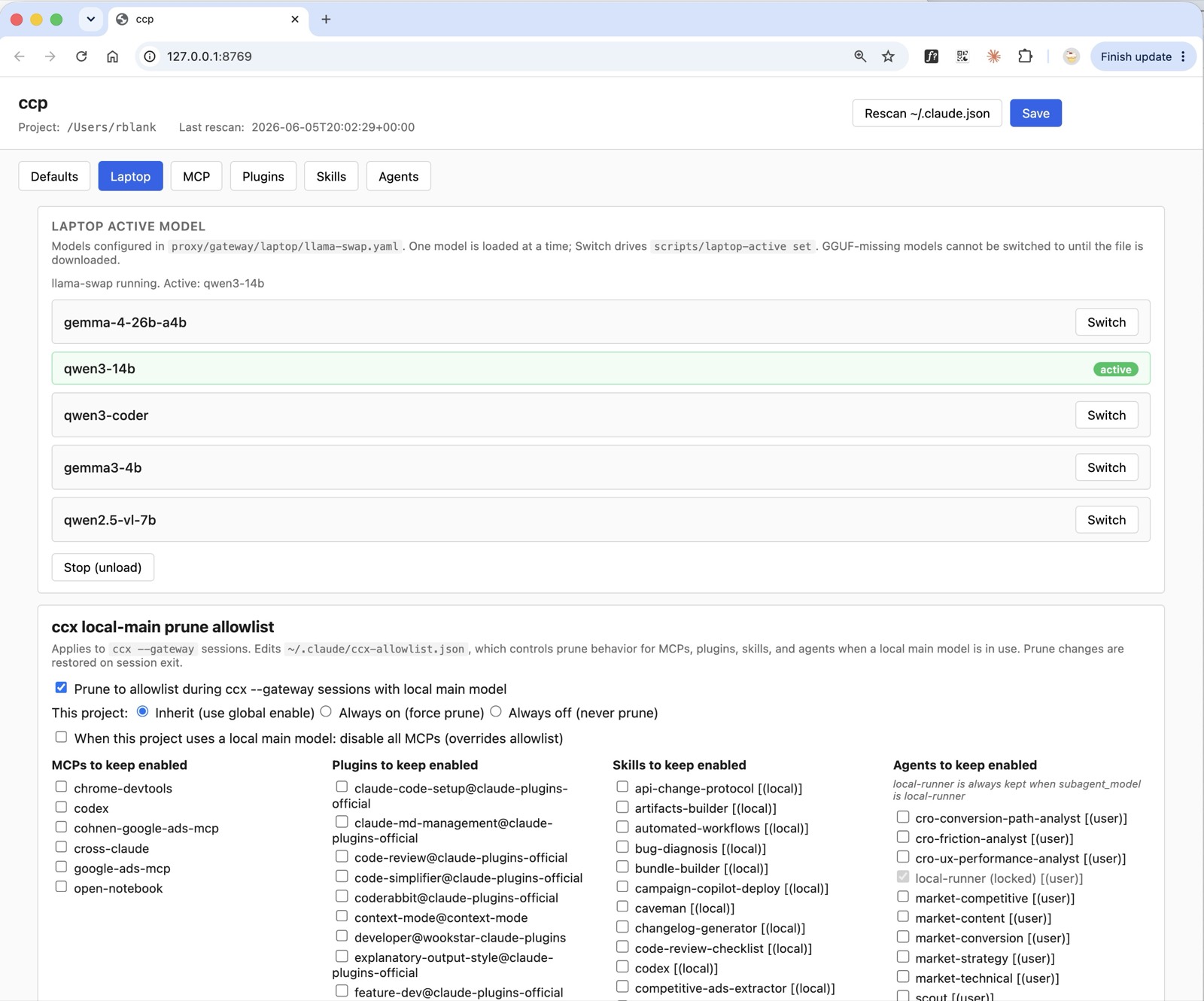 ccp's Laptop tab: a list of local GGUF models with Switch buttons and an active model highlighted, above a local-as-main prune allowlist with checkboxes for MCPs, plugins, skills, and agents.