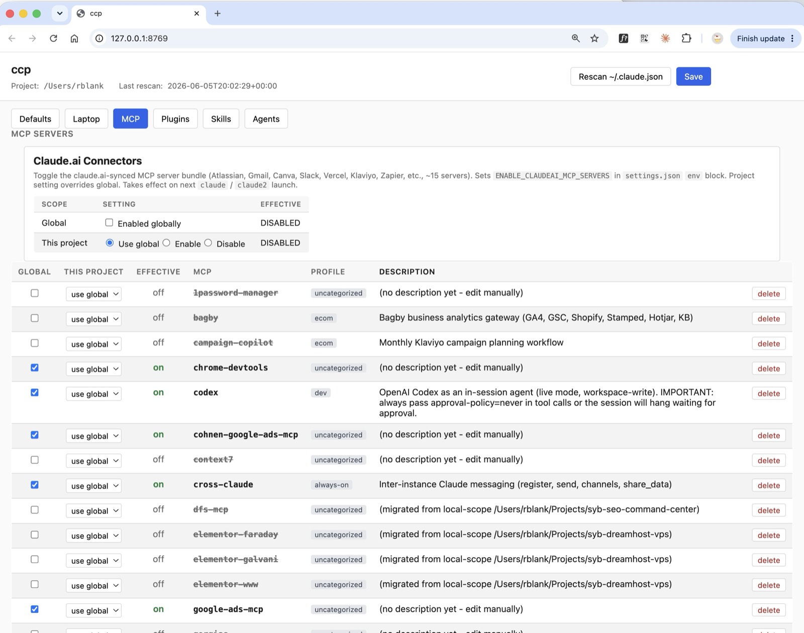 ccp's MCP tab: a table of MCP servers with per-project enable/disable controls and Global, This Project, and Effective columns for each server.